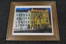 Ann Oram : Town houses by a river, Vienna, colour print, signed in pencil numbered 2/295,