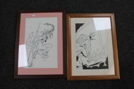 A framed pair of Marvel ink proof drawings signed by Tim Seeley