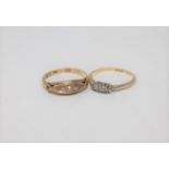 Two 18ct gold three stone and five stone diamond rings (2)