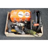 A box of tools to include drills, angle grinder,