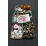 Four boxes of brass ware, mohair dog, tea china, series plates, Royal Doulton plate, china,