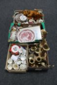 Four boxes of brass ware, mohair dog, tea china, series plates, Royal Doulton plate, china,