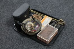 A tray of wooden trinket box, binoculars, field glasses,