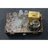 A box of cut crystal and glass, decanters,