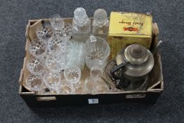 A box of cut crystal and glass, decanters,