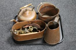 A tray of copper kettle, planter,
