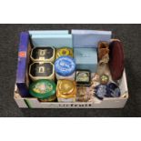 A box of Ringtons tins, Wedgwood plates,