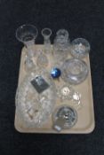 A tray of crystal ornaments, crystal decanter,