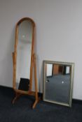 A pine cheval mirror and a contemporary mirror