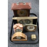 A tray of six assorted clocks; inlaid oak cased mantel clock on brass feet,