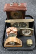 A tray of six assorted clocks; inlaid oak cased mantel clock on brass feet,