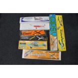 A box containing six vintage modelling kits, aircraft including Keilcraft,