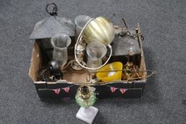 A box of assorted continental light fittings, brass table lamps,