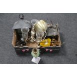 A box of assorted continental light fittings, brass table lamps,