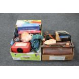 Two boxes of vintage Roberts radio, mid 20th century doll, jigsaws, leather doctor's bag,