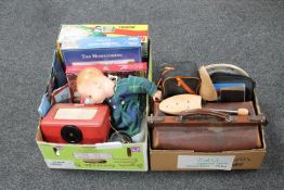 Two boxes of vintage Roberts radio, mid 20th century doll, jigsaws, leather doctor's bag,