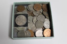 A box of Victorian and later British coins, silver three penny bits,