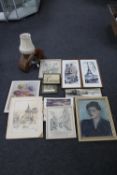 A box of assorted pictures and prints and a tree trunk table lamp