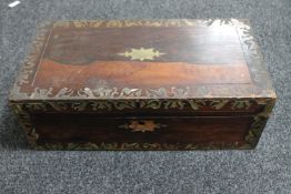 A Victorian rosewood brass inlaid fitted writing box