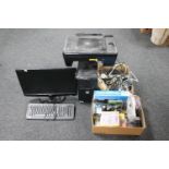 An LG PC monitor, Dell disc drive and keyboard, two boxes of leads, accessories,