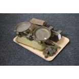 A tray of antique pan, kitchen scales, assorted weights, brass embossed bellows,