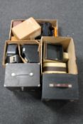 Five boxes containing vintage projectors and equipment together with two further wooden cased