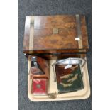 A tray of Victorian walnut writing box, gong and beater, metronome,