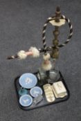 A glass and brass hookah pipe, an Aynsley mantel clock,