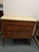 A continental inlaid walnut two drawer chest with marble top,