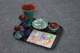 A tray containing six pieces of Schofield's pottery together with a Wetheriggs pottery collector's