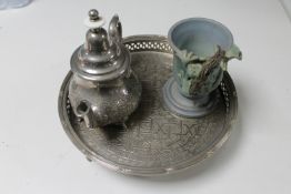 A Chinese style pottery goblet with dragon, 20th century plated tray on paw feet,