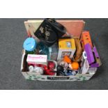 A box of drinks dispenser and beakers, oven dishes, gift sets,