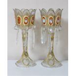 A pair of Victorian glass lustres with hand-painted portrait panels