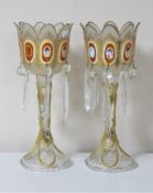 A pair of Victorian glass lustres with hand-painted portrait panels