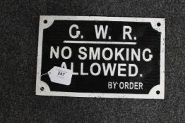 A metal railway sign : No Smoking Allowed BY Order, 19 cm x 30 cm.
