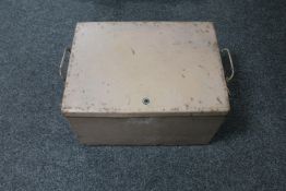 A vintage metal twin handled lock box with key