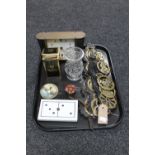 A tray containing mid 20th century mantel clock, boxed Edinburgh crystal liqueur glass,