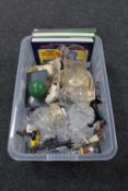 A box of antique and later glass ware, Hornby railway books,