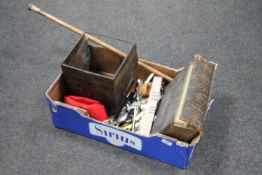 A box of antique leather bound family Bible, walking cane, Smiths potato crisps tin a/f, cutlery,