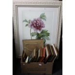 Two large cream framed French prints of roses together with a further box of framed prints,