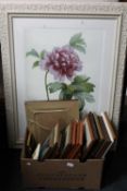 Two large cream framed French prints of roses together with a further box of framed prints,