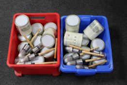 Two crates of Everlong chalk paint and brushes