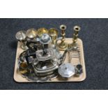 A tray of assorted plated wares, brass candlesticks,