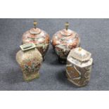 A pair of Japanese style gilded table lamps on wooden bases together with two further Japanese