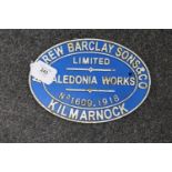 A metal railway sign : Andrew Barclay Sons & Co- Caledonian Works - Kilmarnock, 18 cm x 26 cm.