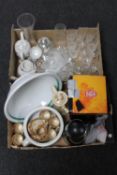 Two boxes of assorted glass ware, tea china, antique wash jug set,