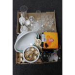 Two boxes of assorted glass ware, tea china, antique wash jug set,