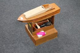 A part built wooden pond yacht on stand with accessories