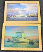 A pair of framed Walter Holmes prints depicting boats on the Tyne
