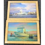 A pair of framed Walter Holmes prints depicting boats on the Tyne